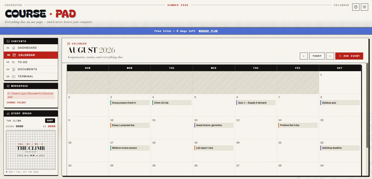 Month calendar with colour-coded events