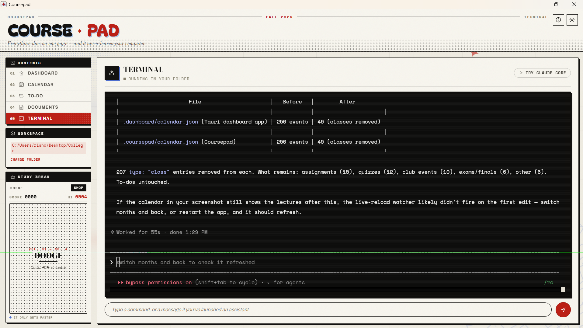 Claude Code running in the Coursepad terminal, editing calendar.json in the coursework folder