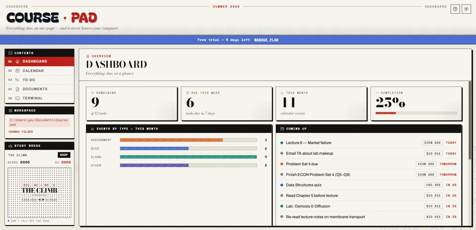 Coursepad dashboard: remaining tasks, due this week, events by type, and a Coming Up agenda