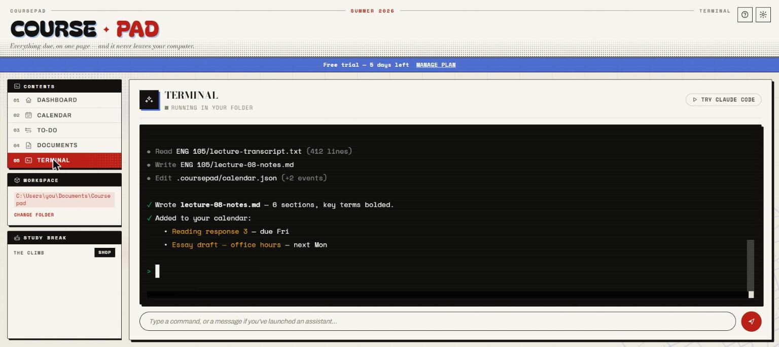 Claude Code running in the Coursepad terminal, reading a lecture transcript and adding events to calendar.json